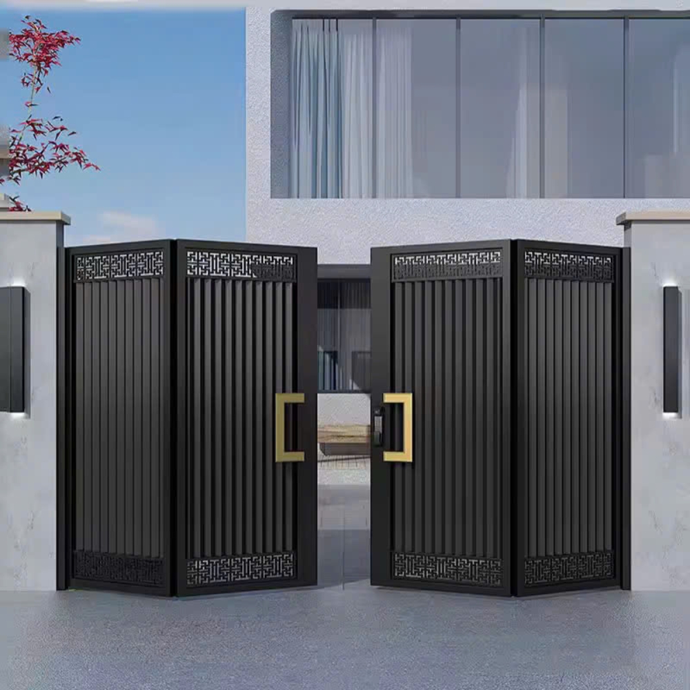 Cổng Gấp Tự Động Hợp Kim Nhôm Đen Tay Nắm Vàng Hiện Đại