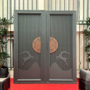 Cổng Nhôm Nan Dọc 2 Cánh Họa Tiết Hươu Núi Và Đồng Xu