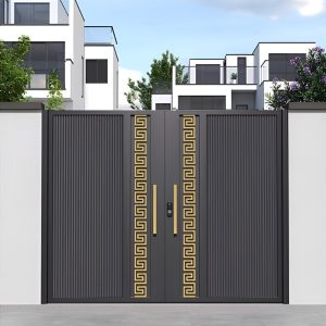 Cổng Nhôm 2 Cánh Ghi Xám Viền Hy Lạp Mạ Vàng Đồng