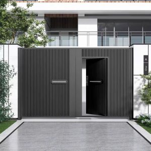Cổng Nhôm 2 Cánh Nan Dọc Có Cánh Phụ Khóa Thông Minh