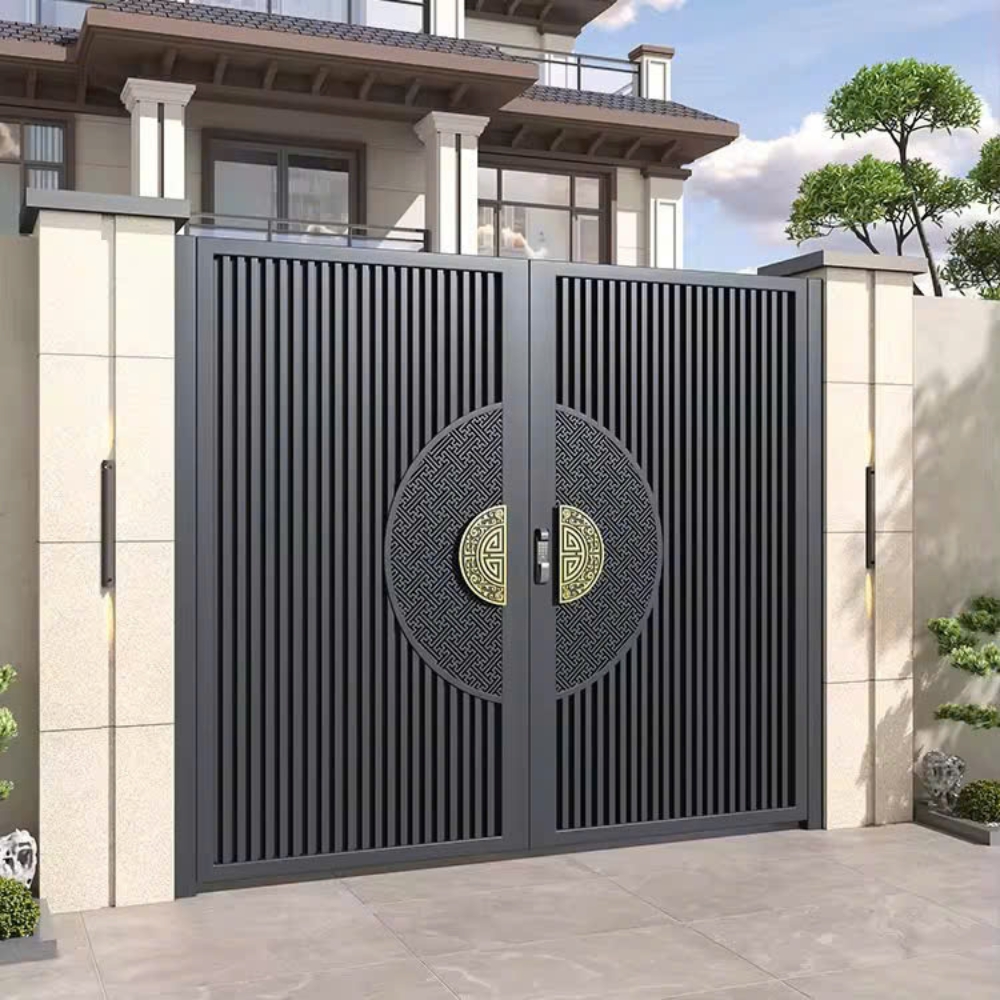 Cổng Nhôm 2 Cánh Nan Dọc Họa Tiết Đồng Xu Mạ Vàng