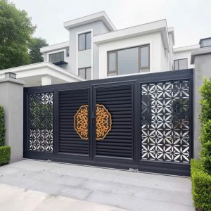 Cổng Nhôm 4 Cánh CNC Đen Họa Tiết Vàng Đồng Sang Trọng