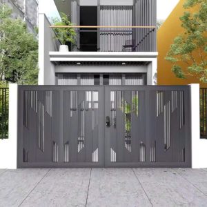 Cổng Nhôm 4 Cánh Ghi Xám CNC Hình Học Khóa Thông Minh