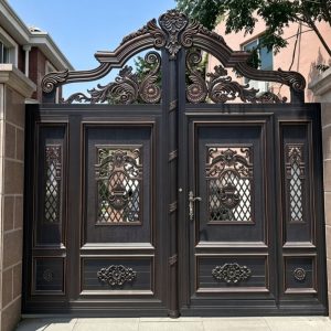 Cổng Nhôm 4 Cánh Nâu Đồng Vòm Cung Hoa Văn Cổ Điển