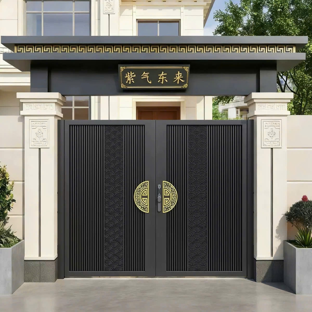 Cổng Nhôm Hợp Kim Tân Trung Hoa Xám Tối Hoa Văn Tròn Mạ Vàng