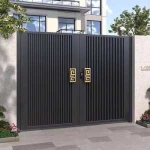 Cổng Nhôm Nan Dọc 2 Cánh Đen Xám Phối Điểm Vàng Đồng
