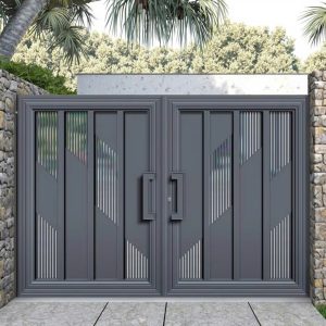 Cổng Nhôm Nan Dọc 2 Cánh Xám Đậm Phối Họa Tiết Chéo