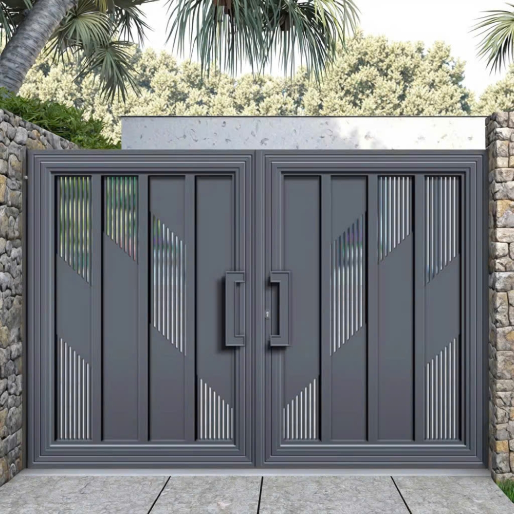 Cổng Nhôm Nan Dọc 2 Cánh Xám Đậm Phối Họa Tiết Chéo
