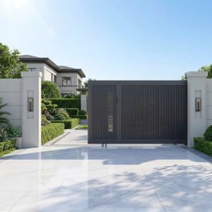 Cổng Trượt Tự Động Hợp Kim Nhôm Đen Xám Hiện Đại