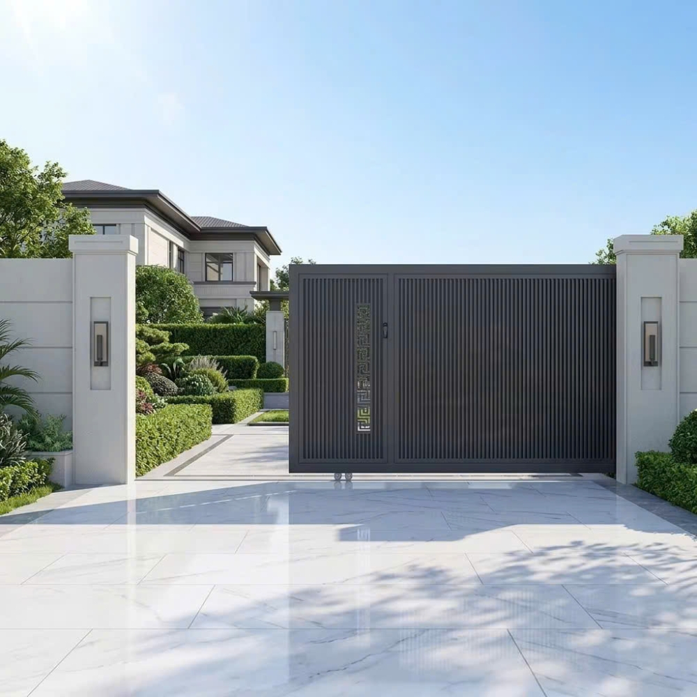 Cổng Trượt Tự Động Hợp Kim Nhôm Đen Xám Hiện Đại